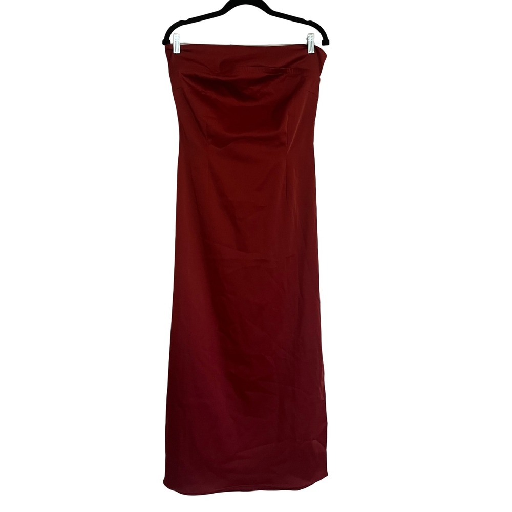 By Anthropologie Strapless Maxi Dress Womens Medium Red NEW Satin Column Slit